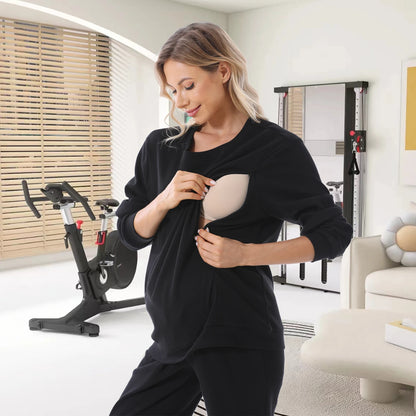 Large Size Maternity Clothes Nursing Tops Long Sleeve Pregnant Women Sweatshirt Spring Autumn Postpartum Breastfeeding Sport Set