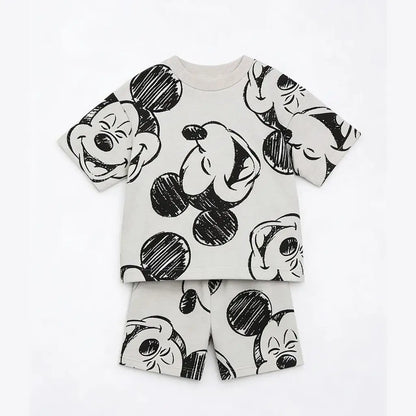 Disney Mickey Children's Sports Set Cartoon Fashion Loose Girl Baby Boy Short Sleeve Round Neck T-shirt+shorts Two Piece Set