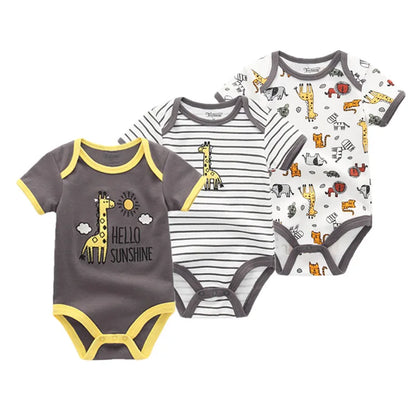 Cotton Newborn Baby Boy Clothes 3Pieces Summer 0-12M Cartoon Baby Girl Clothes Print Bodysuits Short Sleeve