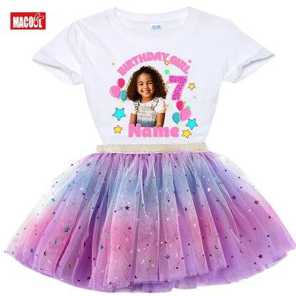 Custom Photo Birthday Girl Shirt And Tutu Set Girls' Party Dress Outfit with Name Personalization Child's Special Day Clothing