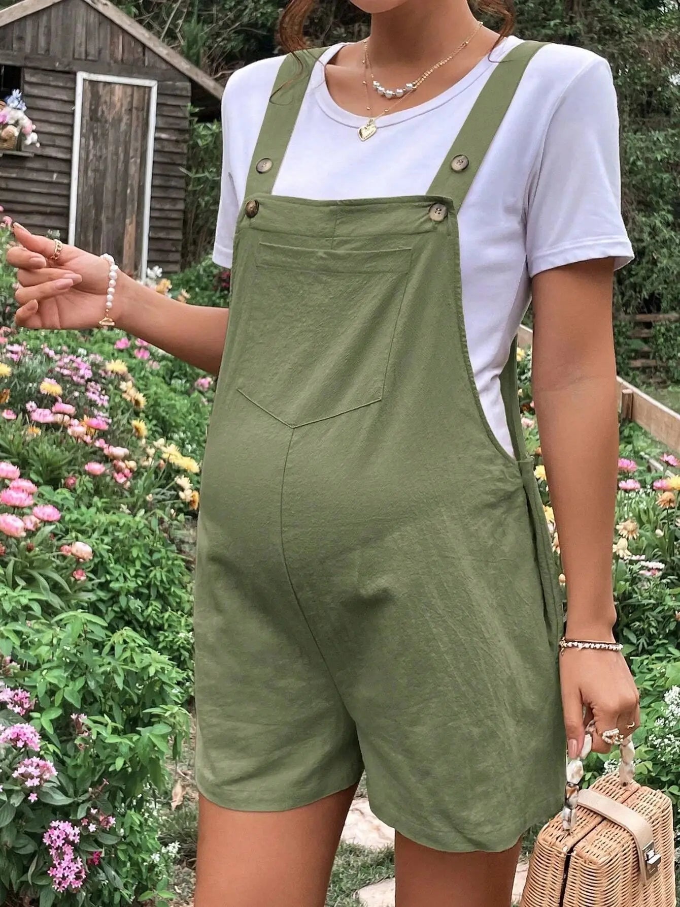 Summer New Pregnant Women's Solid Color Suspender Jumpsuit with Adjustable Waist Comfortable Casual Women's Shorts