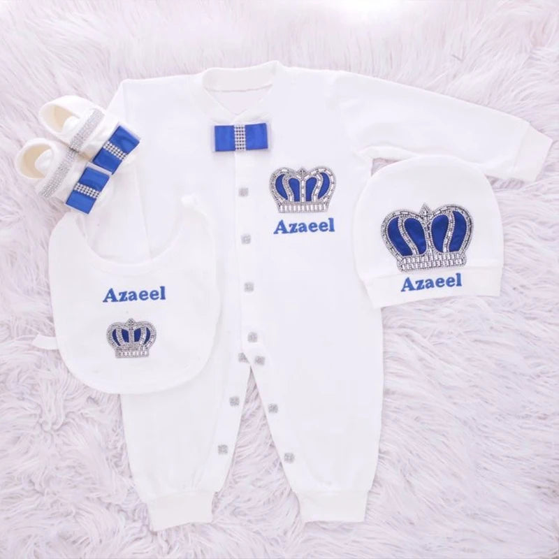Dollbling Emerald Newborn Baby Boy Personalized Name Outfits 4pcs Welcome Home Hospital Crown Jewelry Romper Set