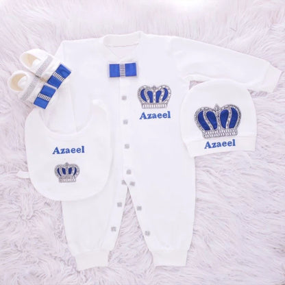 Dollbling Emerald Newborn Baby Boy Personalized Name Outfits 4pcs Welcome Home Hospital Crown Jewelry Romper Set