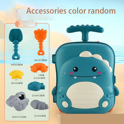 Kids Pull-Along Suitcase Beach Toys - Complete Astronaut Spaceship Sand Set with Bucket, Rake, Molds, Outdoor Beach Games