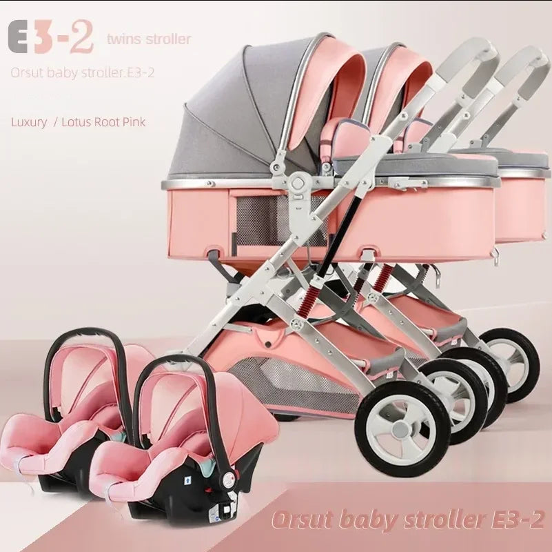 3-in-1 Twin Baby Stroller with Car Seat,portable Foldable Baby Stroller High View Newborn Baby Stroller Can Sit and Lie