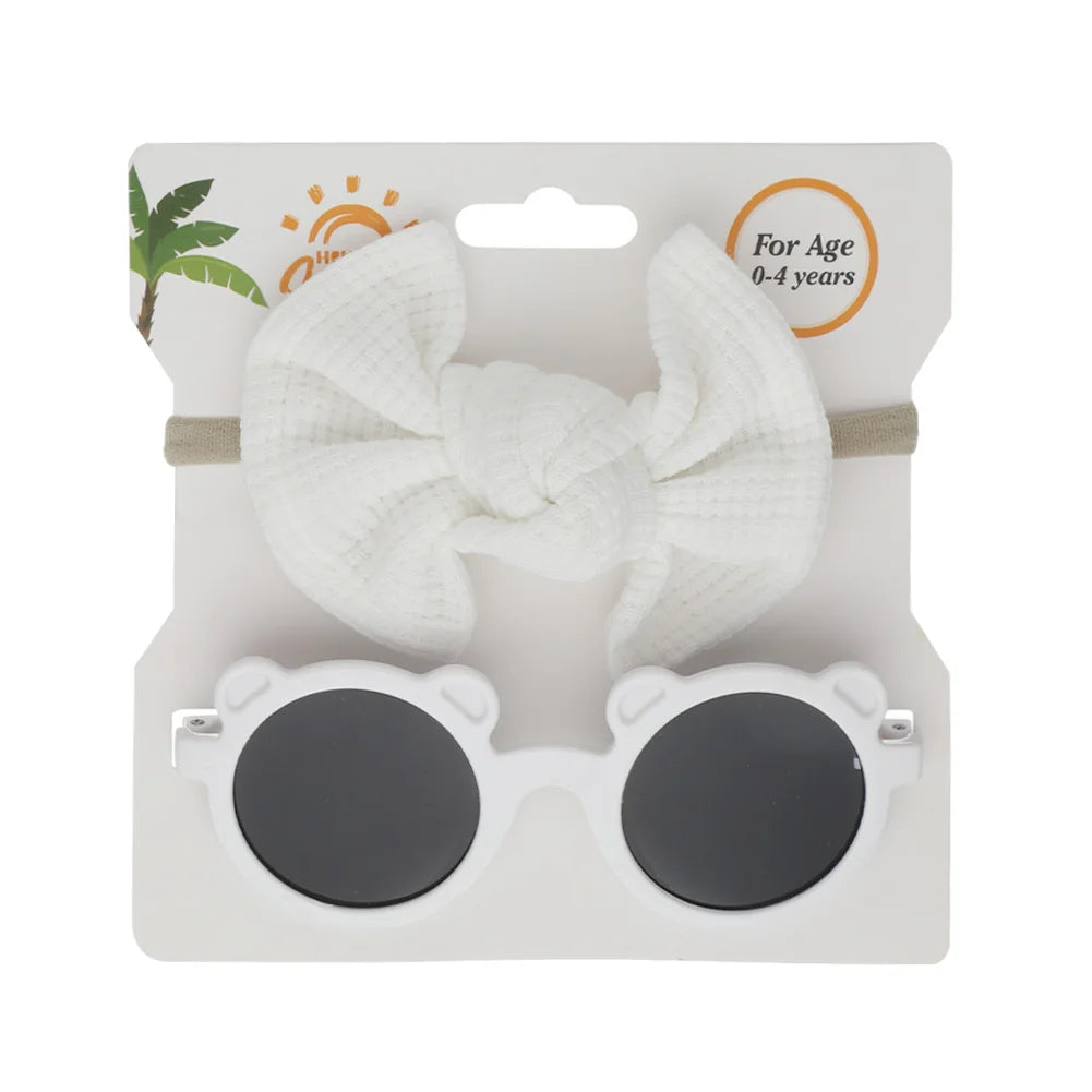 2Pcs/Set Bear Baby Sunglasses Waffle Topknot Hair Bows Headbands Sun Protection Shadow Glasses Kids Fashion Hair Accessories