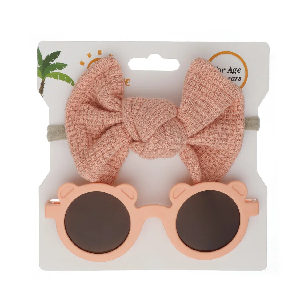 2Pcs/Set Bear Baby Sunglasses Waffle Topknot Hair Bows Headbands Sun Protection Shadow Glasses Kids Fashion Hair Accessories