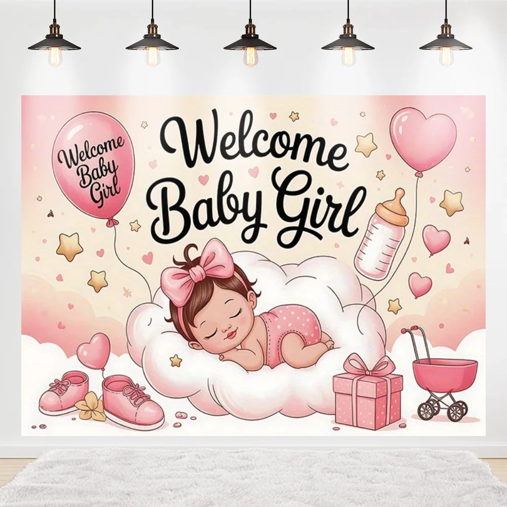 Welcome Baby Shower Newborn Background Decoration Girl Boy Birthday Party Backdrop Supplies Balloon Teddy Bear Photographic Prop