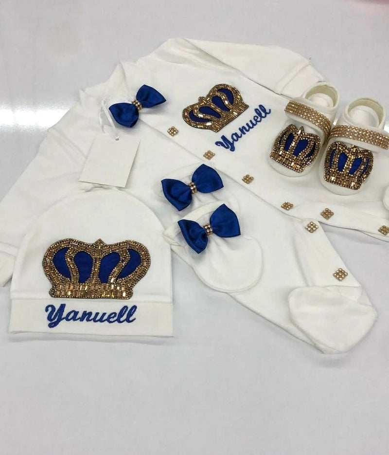 Dollbling Emerald Newborn Baby Boy Personalized Name Outfits 4pcs Welcome Home Hospital Crown Jewelry Romper Set