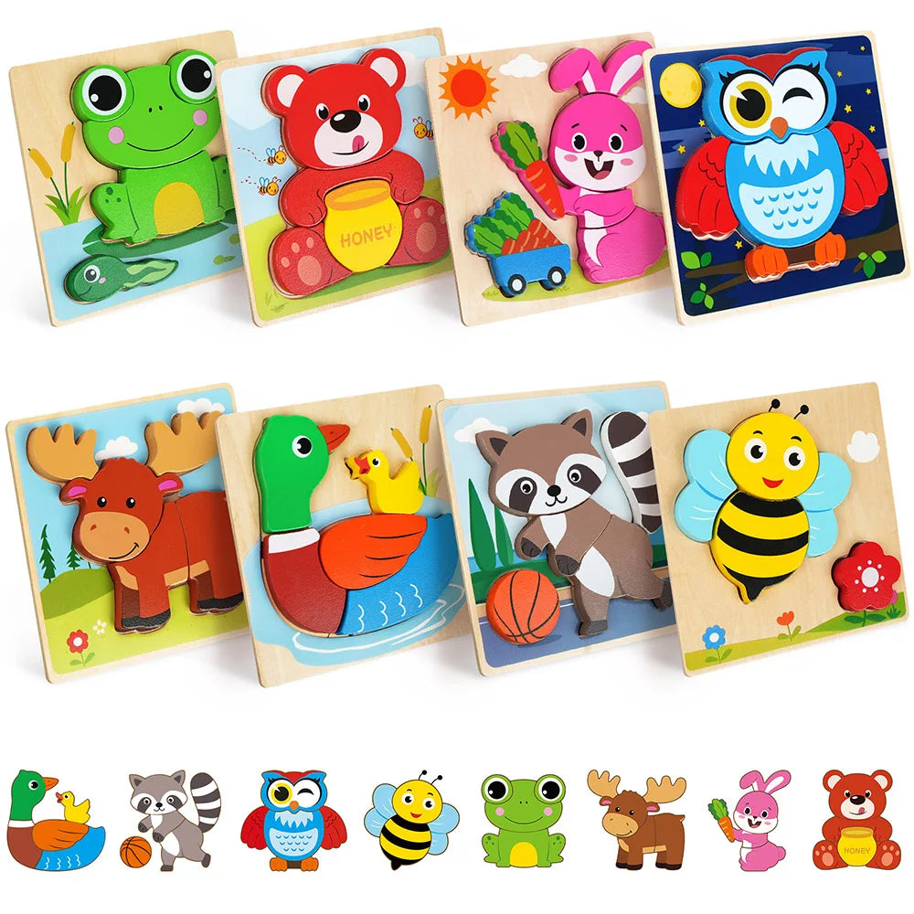 8 Pack Animal Wooden Puzzles Toys For Toddlers Boys Girls, Learning Educational Preschool