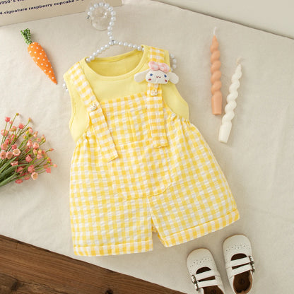 Baby Girl Set Cute Rabbit Ear Tops with Yellow Checker Shoulder Strap Shorts Suit 2 Piece Summer Casual Outdoor