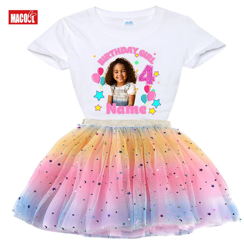 Custom Photo Birthday Girl Shirt And Tutu Set Girls' Party Dress Outfit with Name Personalization Child's Special Day Clothing