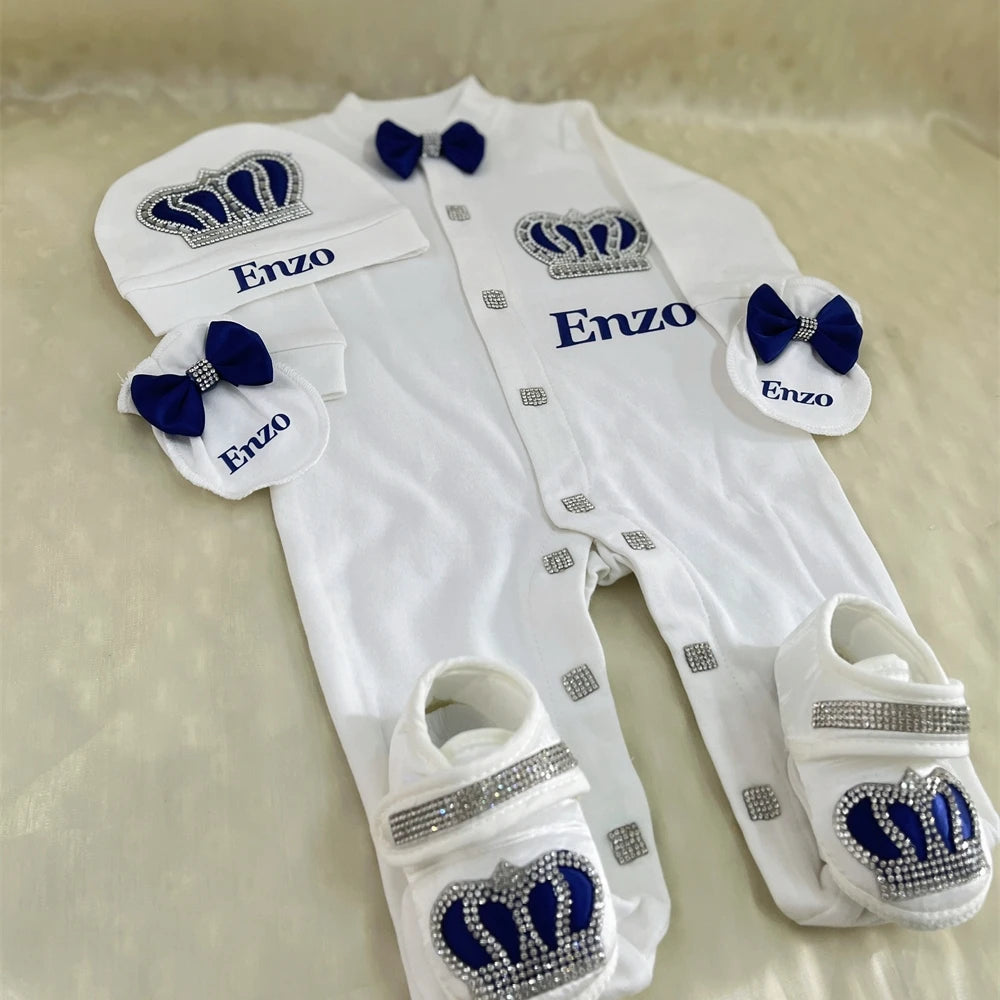 Dollbling Emerald Newborn Baby Boy Personalized Name Outfits 4pcs Welcome Home Hospital Crown Jewelry Romper Set