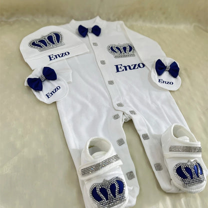 Dollbling Emerald Newborn Baby Boy Personalized Name Outfits 4pcs Welcome Home Hospital Crown Jewelry Romper Set