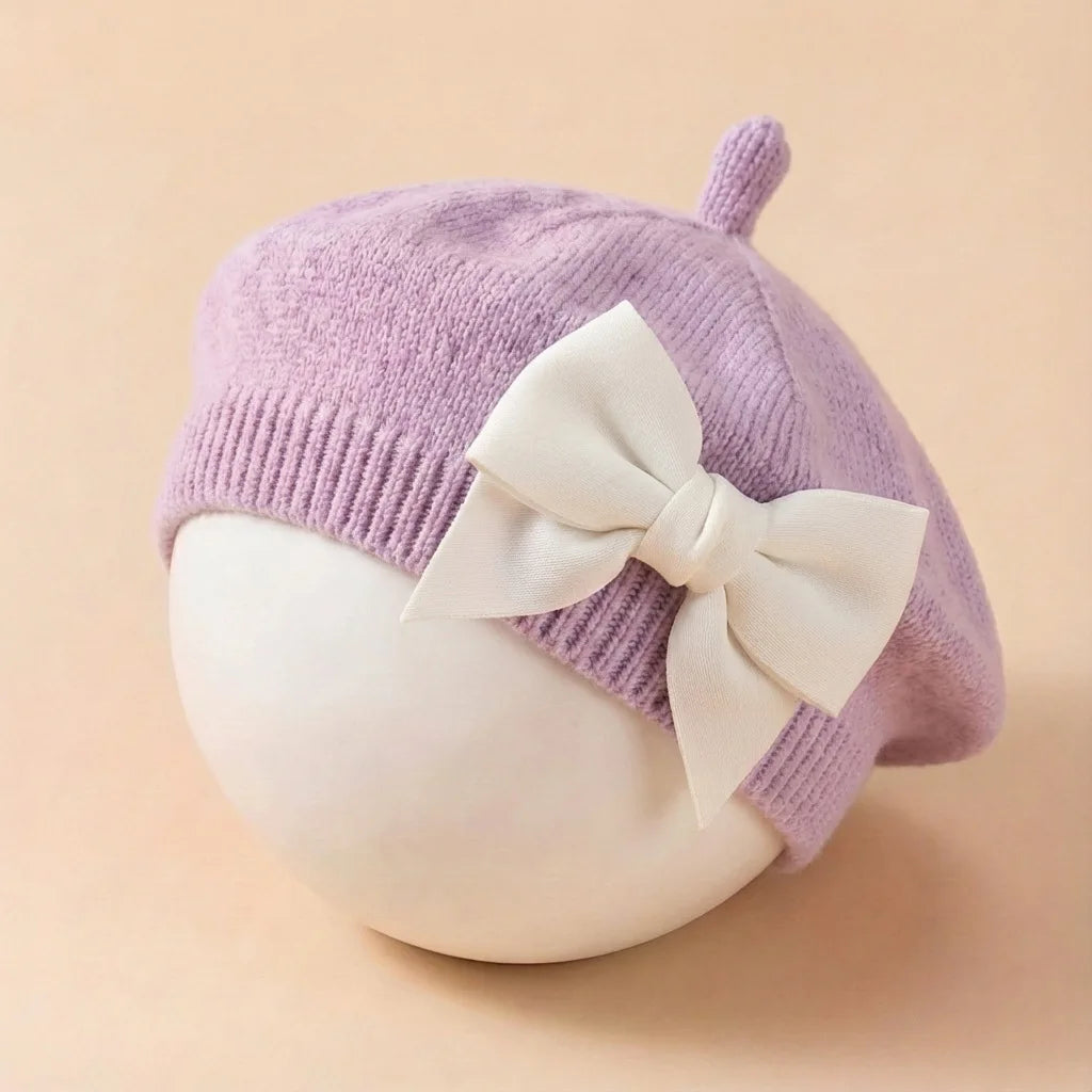 1-3Y Baby girl Bow Beret | Painter Hat, Cute Baby Hat, Suitable for Travel and Outing Lightweight Polyester Knit Fabric, Mixed Color