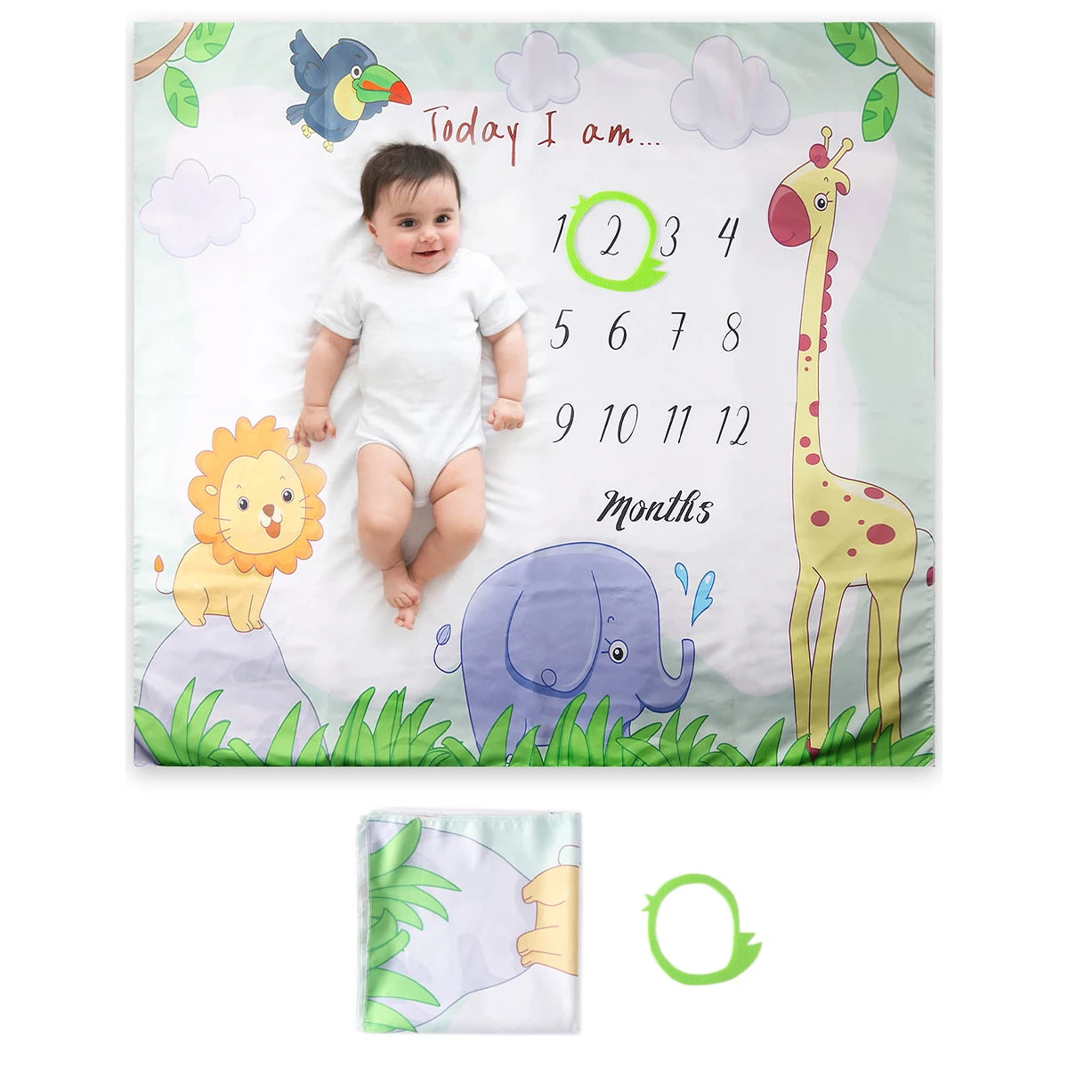 Baby Milestone Blanket Set, Monthly Growth Photo Backdrop with Wooden Cards for Newborn Photography