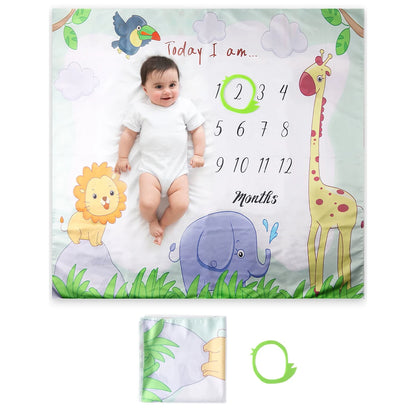 Baby Milestone Blanket Set, Monthly Growth Photo Backdrop with Wooden Cards for Newborn Photography