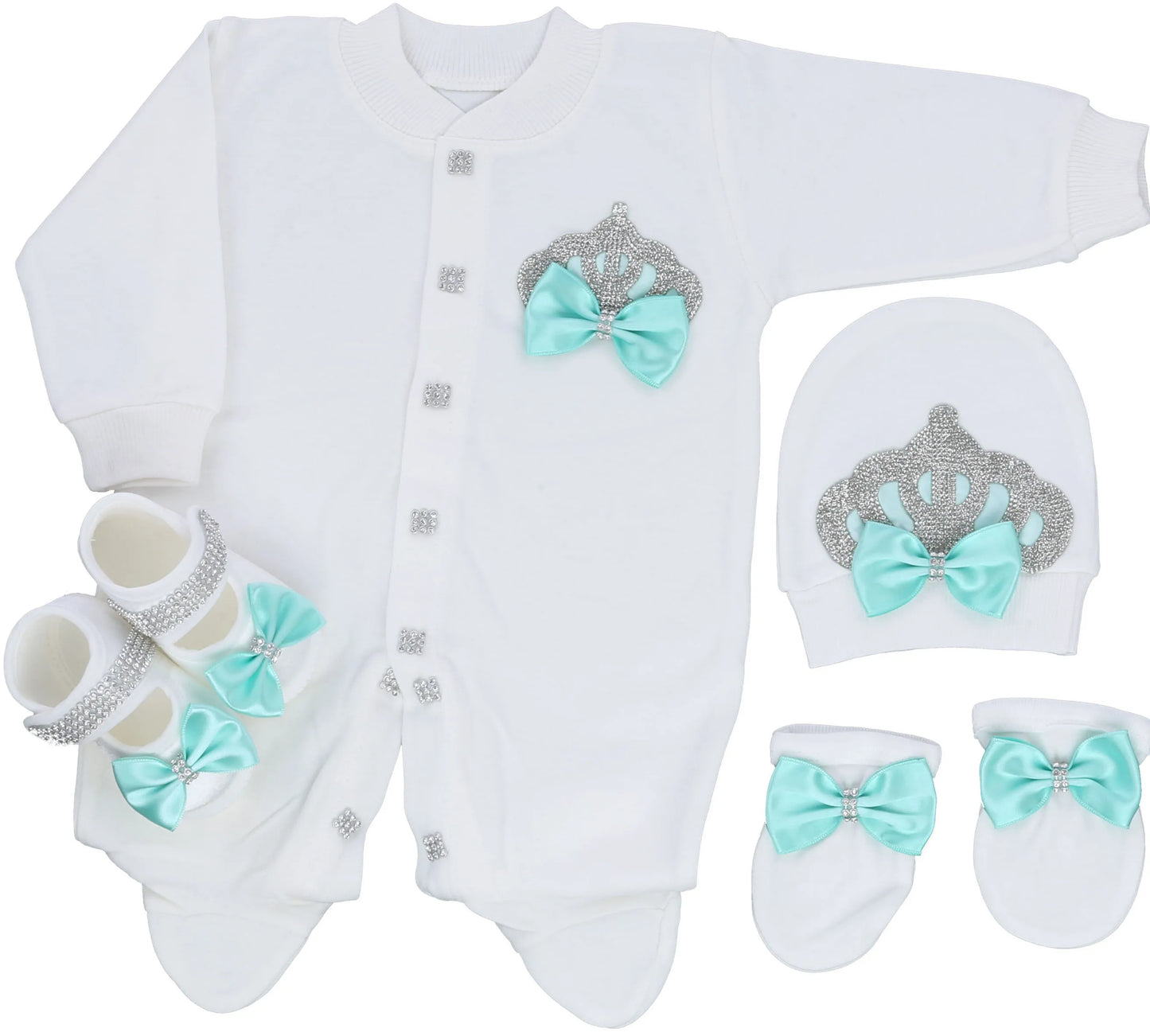 Light Pink Newborn Baby Personalized Name Outfits 4 Pieces Welcome Home Hospital Crown Jewelry Romper Set Layette