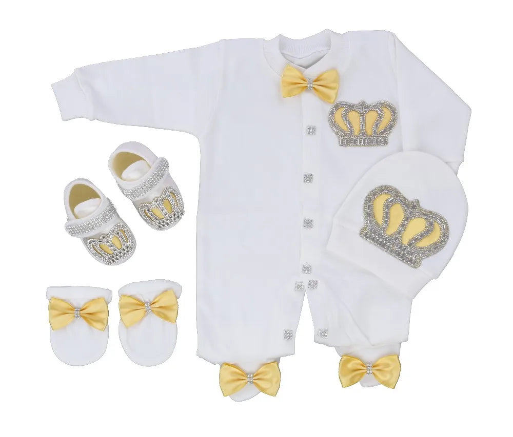 Dollbling Emerald Newborn Baby Boy Personalized Name Outfits 4pcs Welcome Home Hospital Crown Jewelry Romper Set
