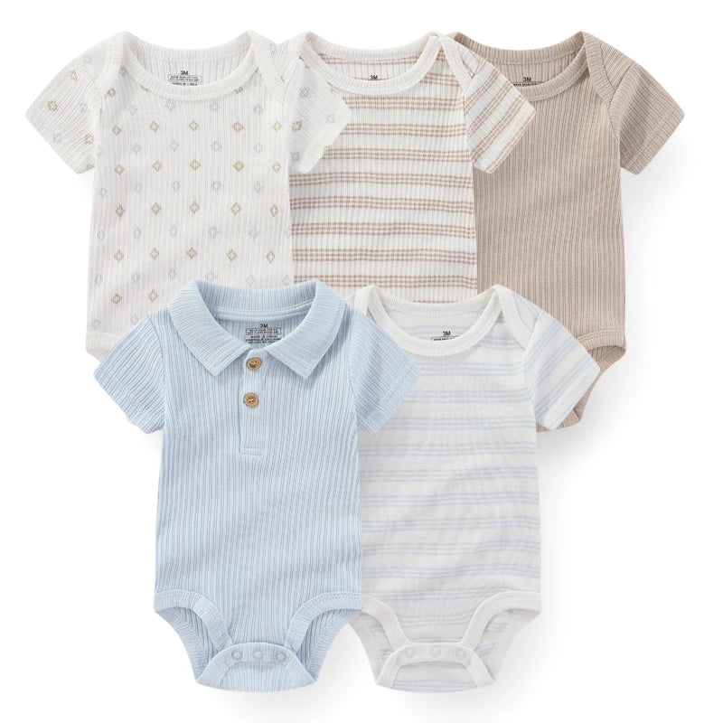 5-Piece Newborn Baby Bodysuit Set, Unisex Cotton Sleeveless Rompers with Cartoon and Solid Color Designs for Boys and Girls