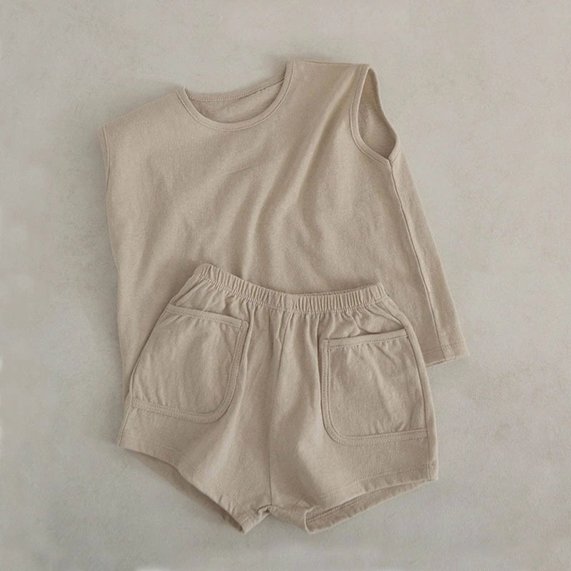 Summer Baby & Boys Tank Top Tees Shorts Set 100% Cotton Solid Two Pieces Sets
