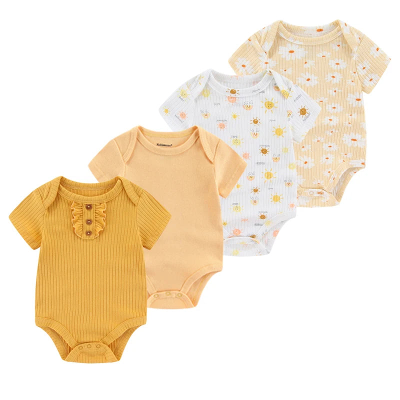 4-Piece Baby Romper Set, Soft Cotton Cartoon Print Short Sleeve Bodysuits for Newborn Boys and Girls (0–12M)