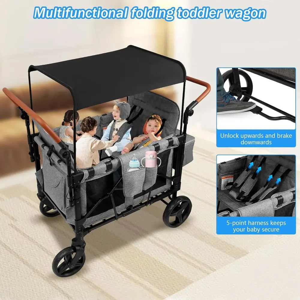 All-Terrain 4-Child Wagon Stroller with Removable 5-Point Harness and Storage Organizer, Suitable for Outdoor Activities