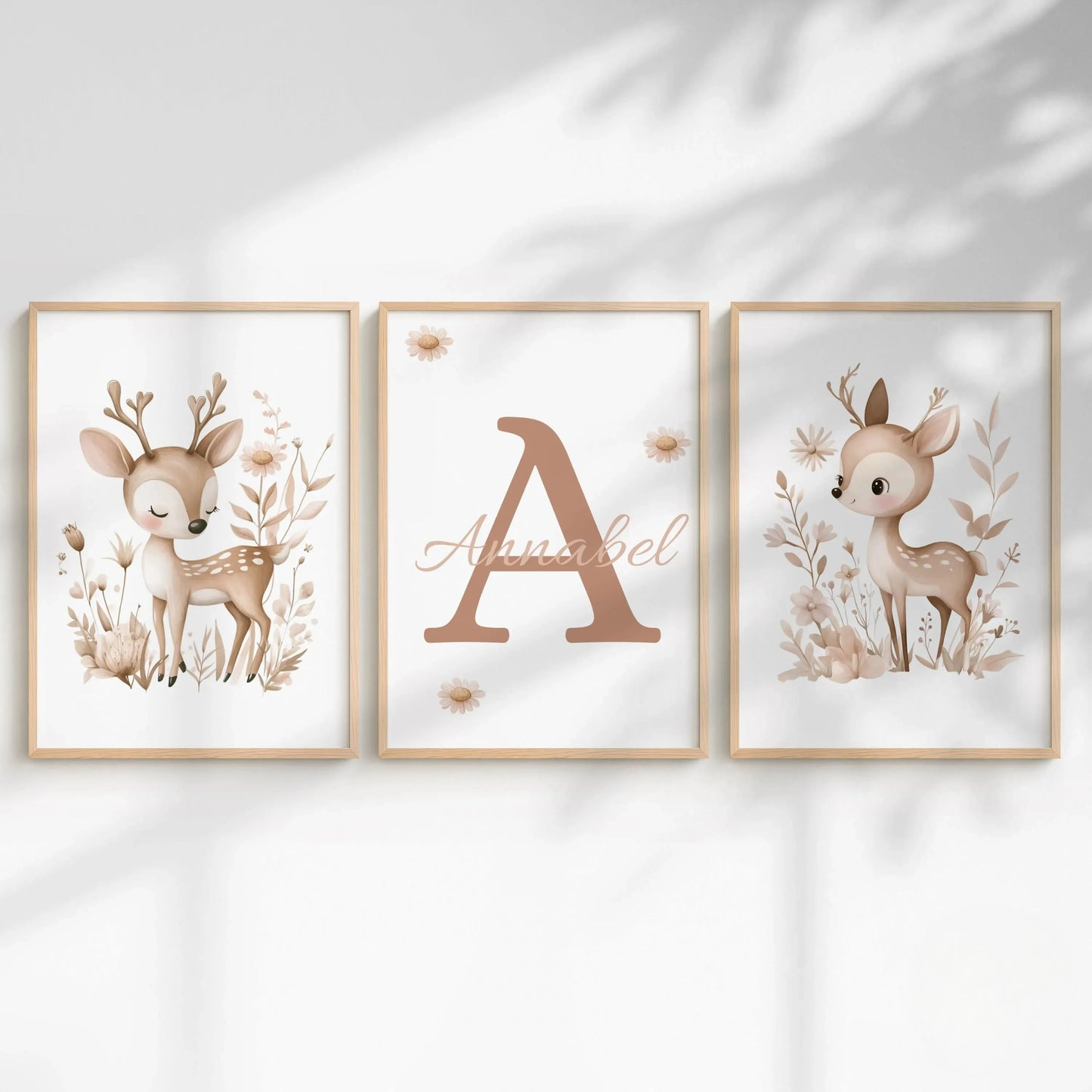 3pcs/set Custom Baby Name Deer Woodland Animal Canvas Printing Bohemian Pink Flower Nursery Wall Art Poster for Home Decoration