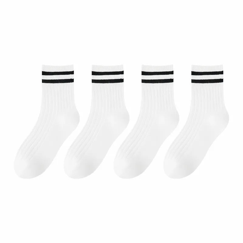 Kids Boys Girls Cotton Socks - Seamless Double Needle Ribbed 2-Stripe, All Season School Home Sports Socks