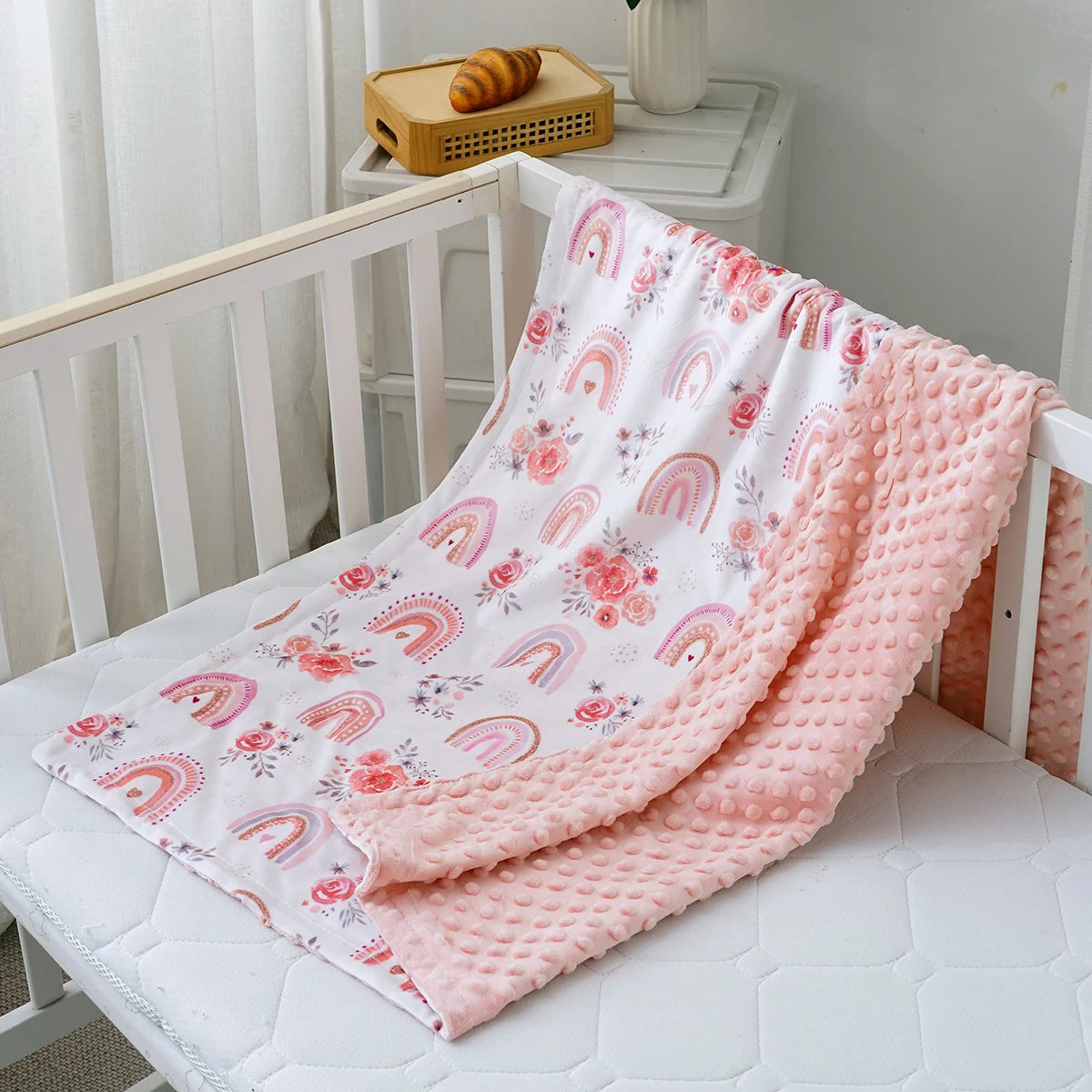1PC Baby Blanket, Soft Plush Minky Blanket with Double Layer Dotted Backing for Toddler, Multicolor Printed 30 x 40 Inch