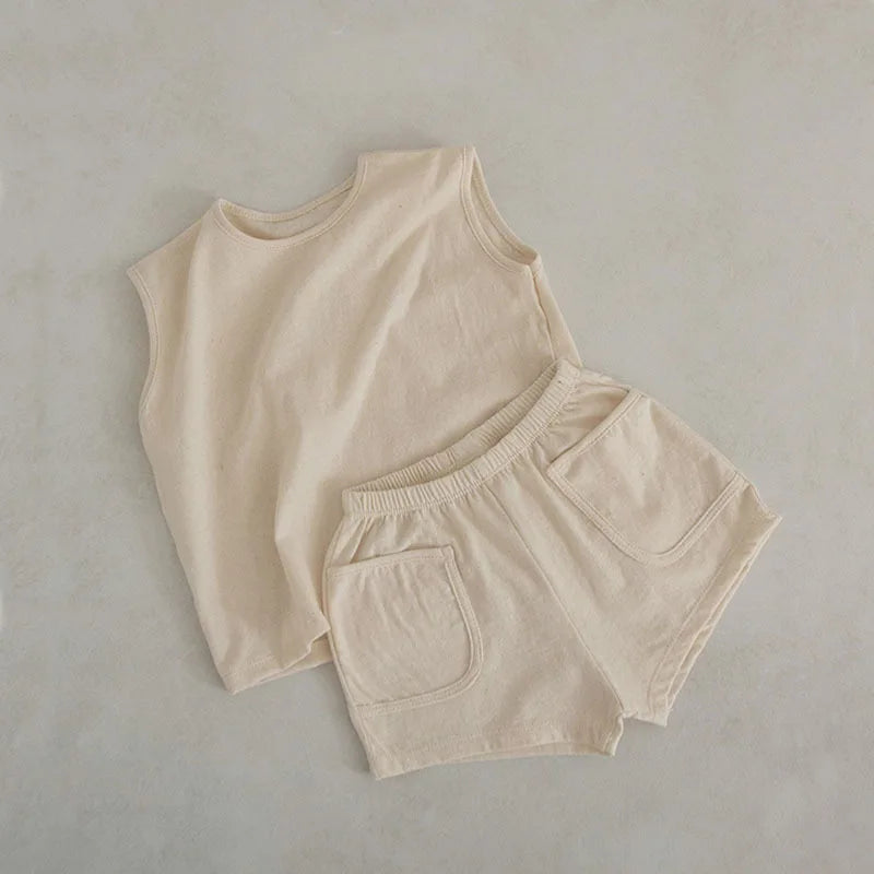 Summer Baby & Boys Tank Top Tees Shorts Set 100% Cotton Solid Two Pieces Sets