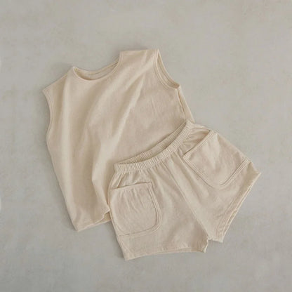 Summer Baby & Boys Tank Top Tees Shorts Set 100% Cotton Solid Two Pieces Sets