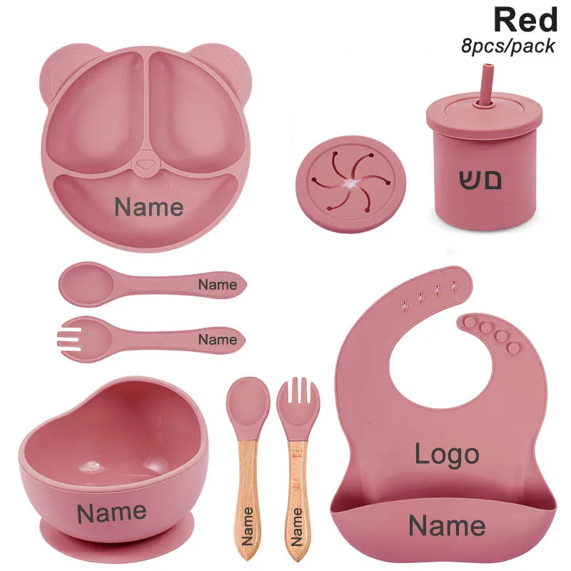 Silicone Sucker Bowl Plate Cup Bibs Spoon Fork Sets Personalized Name Children's Feeding Dishes Silicone Tableware Set For Kids
