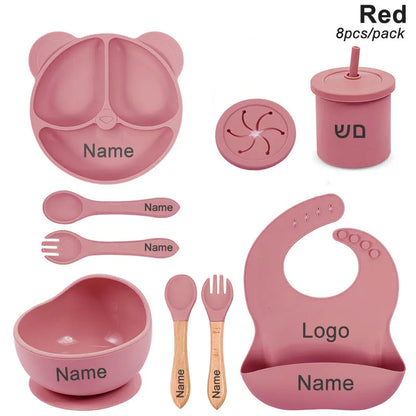 Silicone Sucker Bowl Plate Cup Bibs Spoon Fork Sets Personalized Name Children's Feeding Dishes Silicone Tableware Set For Kids