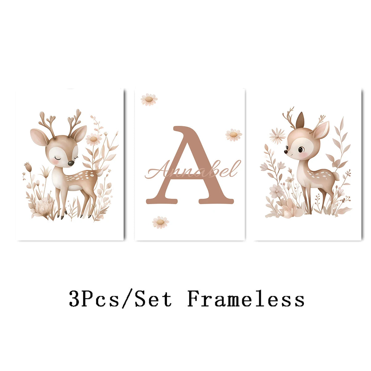 3pcs/set Custom Baby Name Deer Woodland Animal Canvas Printing Bohemian Pink Flower Nursery Wall Art Poster for Home Decoration