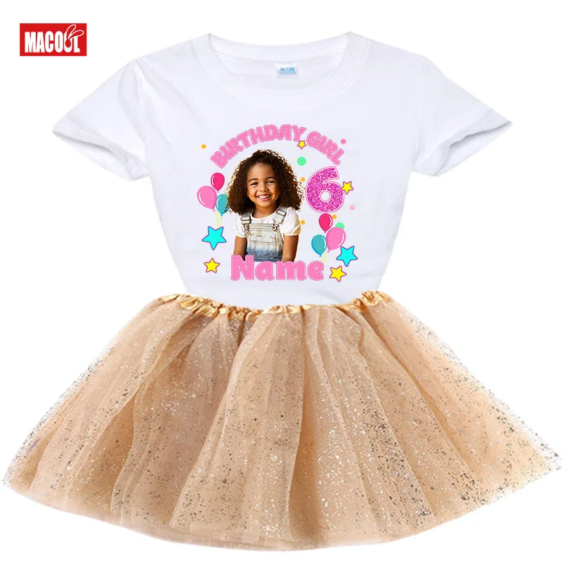 Custom Photo Birthday Girl Shirt And Tutu Set Girls' Party Dress Outfit with Name Personalization Child's Special Day Clothing