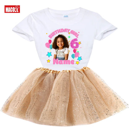 Custom Photo Birthday Girl Shirt And Tutu Set Girls' Party Dress Outfit with Name Personalization Child's Special Day Clothing