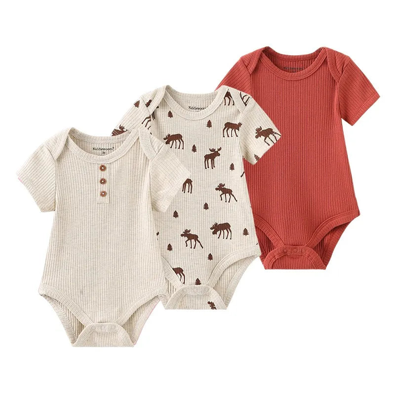 Cotton Newborn Baby Boy Clothes 3Pieces Summer 0-12M Cartoon Baby Girl Clothes Print Bodysuits Short Sleeve