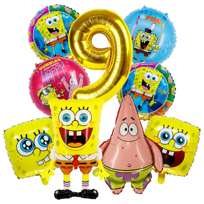 9Pcs Spongebob SquarePants Balloon Set Patrick Star Theme Foil Number Balloons for Kids Birthday Baby Shower Party Decorations