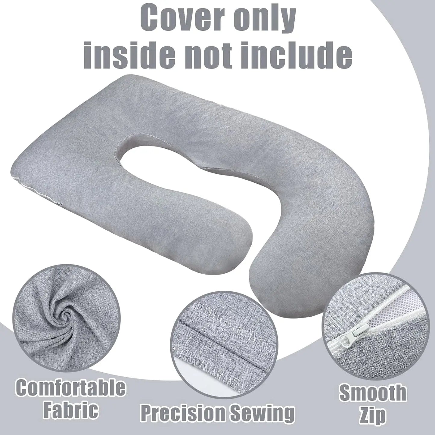 J-Shaped Maternity Pillow Cover, Soft Polyester with Hidden Zipper, Fits 55-58 Inch Pregnancy Pillows, Grey