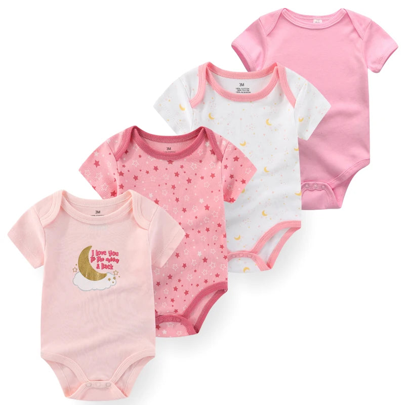 4-Piece Baby Romper Set, Soft Cotton Cartoon Print Short Sleeve Bodysuits for Newborn Boys and Girls (0–12M)