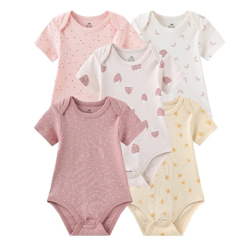 5-Piece Newborn Baby Bodysuit Set, Unisex Cotton Sleeveless Rompers with Cartoon and Solid Color Designs for Boys and Girls
