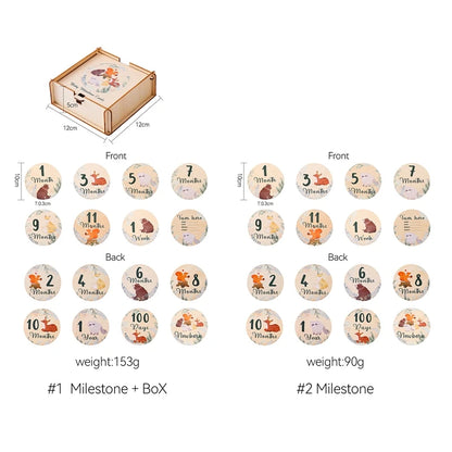 Newborn Baby Growth Milestones 0-12 Months Wooden Card With Box Photo Accessory Cartoon Animal Picture Souvenir Wooden Baby Gift