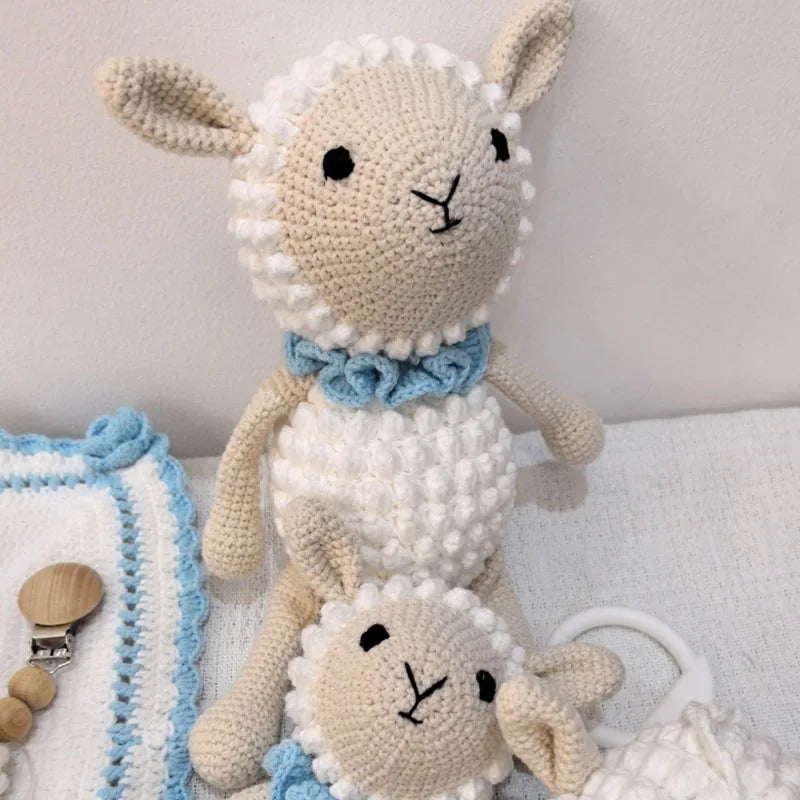 Newborn Educational Ring Teething Toy Baby Cartoon Lamb sheep Wooden Ring Rattle Crochet Wool Toy Customize Pacifier chain Towel