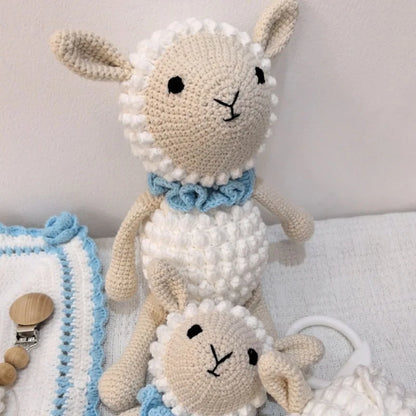 Newborn Educational Ring Teething Toy Baby Cartoon Lamb sheep Wooden Ring Rattle Crochet Wool Toy Customize Pacifier chain Towel