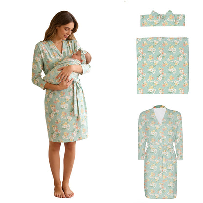 Maternity Robe Matching Baby Receiving Blanket Mommy Labor Delivery Night-robe with Swaddle Set Hospital Home Nursing Clothing