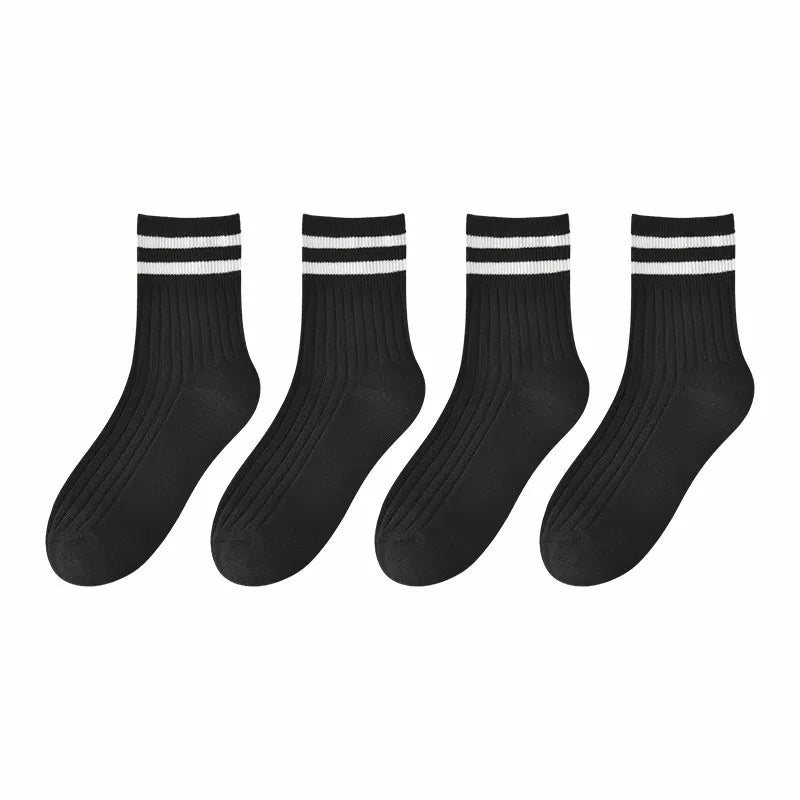 Kids Boys Girls Cotton Socks - Seamless Double Needle Ribbed 2-Stripe, All Season School Home Sports Socks