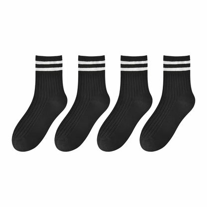 Kids Boys Girls Cotton Socks - Seamless Double Needle Ribbed 2-Stripe, All Season School Home Sports Socks