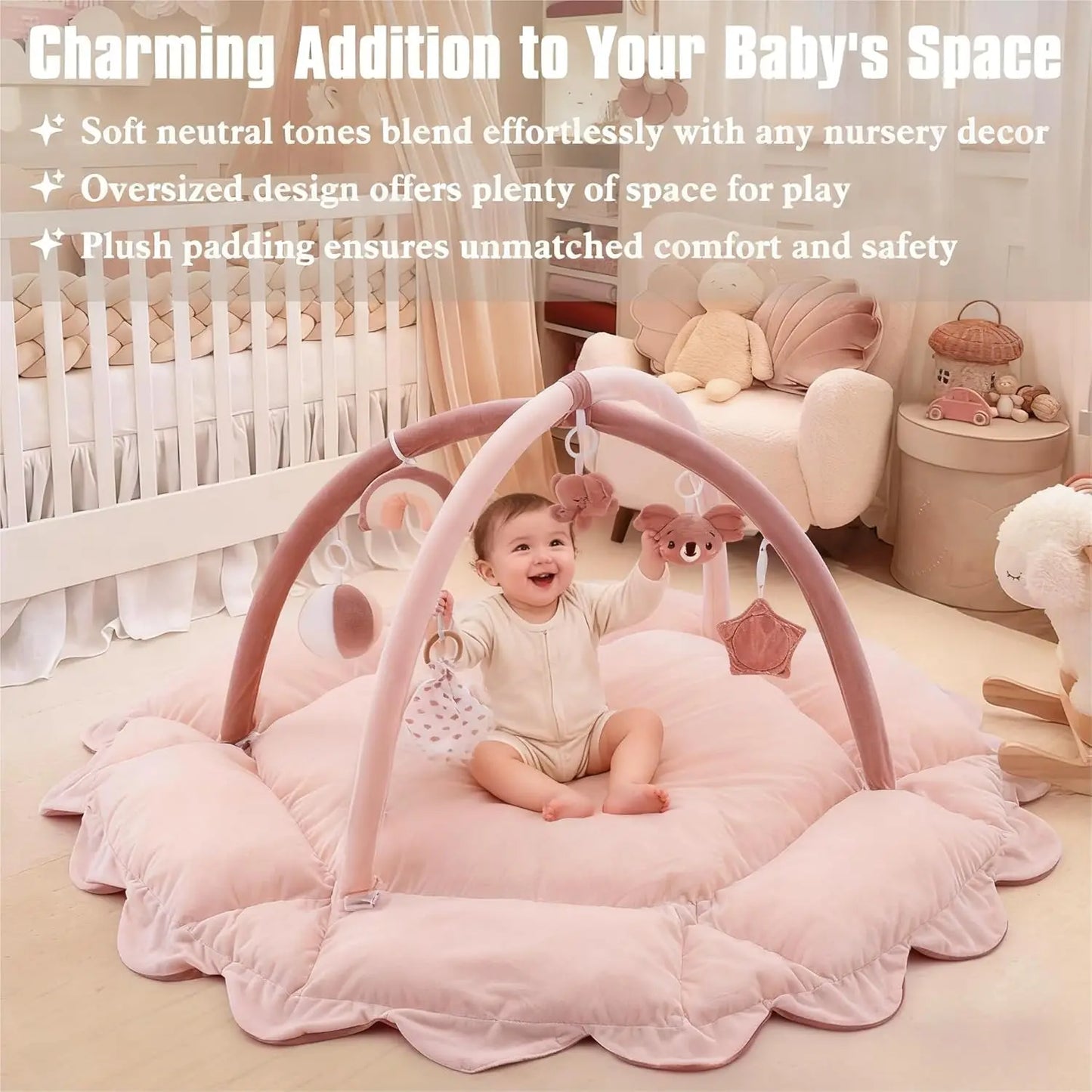 5-in-1 Plush Baby Play Gym with Convertible Mat, 6 Sensory Toys for Newborn to Toddler in Pink