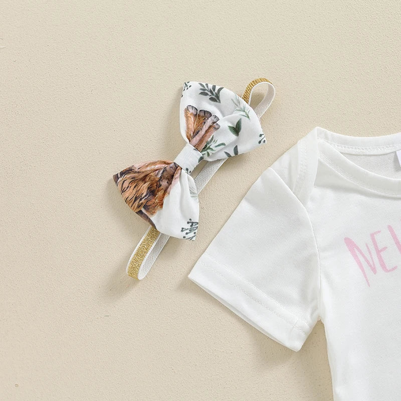 Summer Infant Baby Girl Clothes Set Print Short Sleeve Romper Elastic Waist Pants Bow Headband Outfits